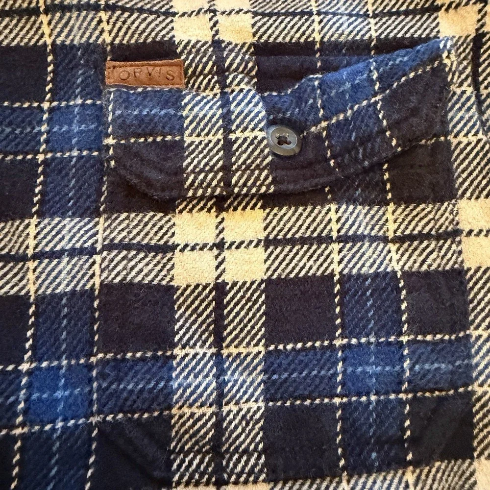 ORVIS Men's Heavy Weight Flannel Blue White Plaid Pockets Outdoors Workwear XXL
